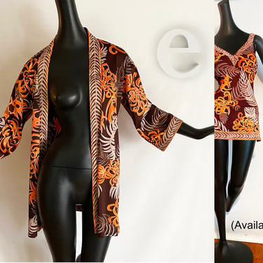 Vintage 60s 70s Swimwear Kimono Cover Up | Rockabilly Hawaiian Tiki Oasis Pin Up Bombshell Robe | Orange Brown Tropical Leaf Print | Roxanne 