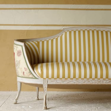 Diminutive 20th C. Fawn Leg Gustavian Style Sofa Tub Upholstered in Clarence House and George Spencer