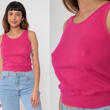 Fuchsia Crop Top 80s 90s Bright Pink Tank Top Retro Sleeveless Shirt Basic Slouchy Cropped T-Shirt Plain Vintage 1980s Extra Small xs 