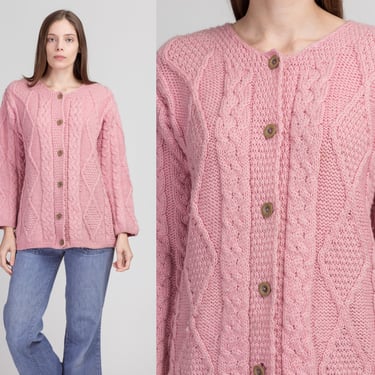 Vintage Irish Pink Merino Wool Cable Knit Cardigan - Small | Vintage Connemara Knitwear Button Up Fisherman Sweater 