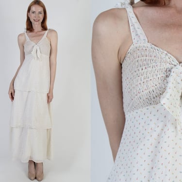 70s Floral Bandana Scarf Dress, Off White Prairie Shoulder Tie Sundress, Vintage Long Cottagecore Roberta Brand Outfit 