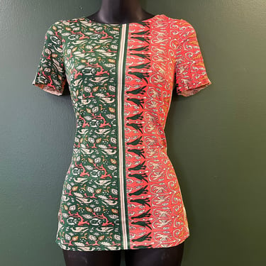 1960s bird graphic t-shirt mod pink and green nylon fitted blouse small 