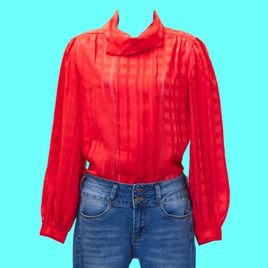 Vintage 1970s Red Blouse | Gold Thread Mock Neck | Medium | 10 