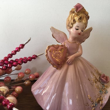 Vintage Josef Originals "I Love You" Valentine's Angel, Mid Century Pink Angel In Gown Holding Heart, "You're An Angel" Series 