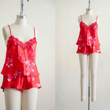 red silky floral pajamas | 90s vintage red camisole and tap shorts lingerie pajamas set 