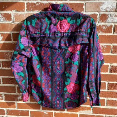 Vintage 80s/90s Cotton Adobe Rose Southwestern Top/Blouse /Purples Reds Pink Rose Print / M 