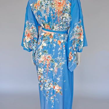 vintage 1960s blue & pink floral reversible kimono w/ belt XS-L 