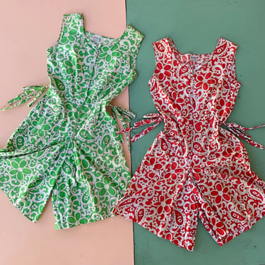 1960s Flower Power Zip Front Cotton Rompers - Red and Green - Size S/M
