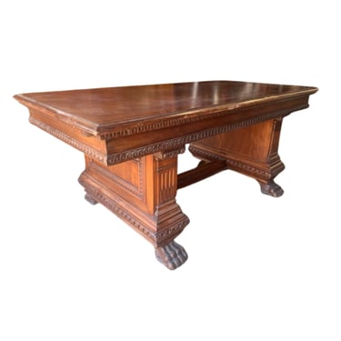 Desk Library / Table, Renaissance Style, Carved, Walnut, Paw Foot, Vintage!