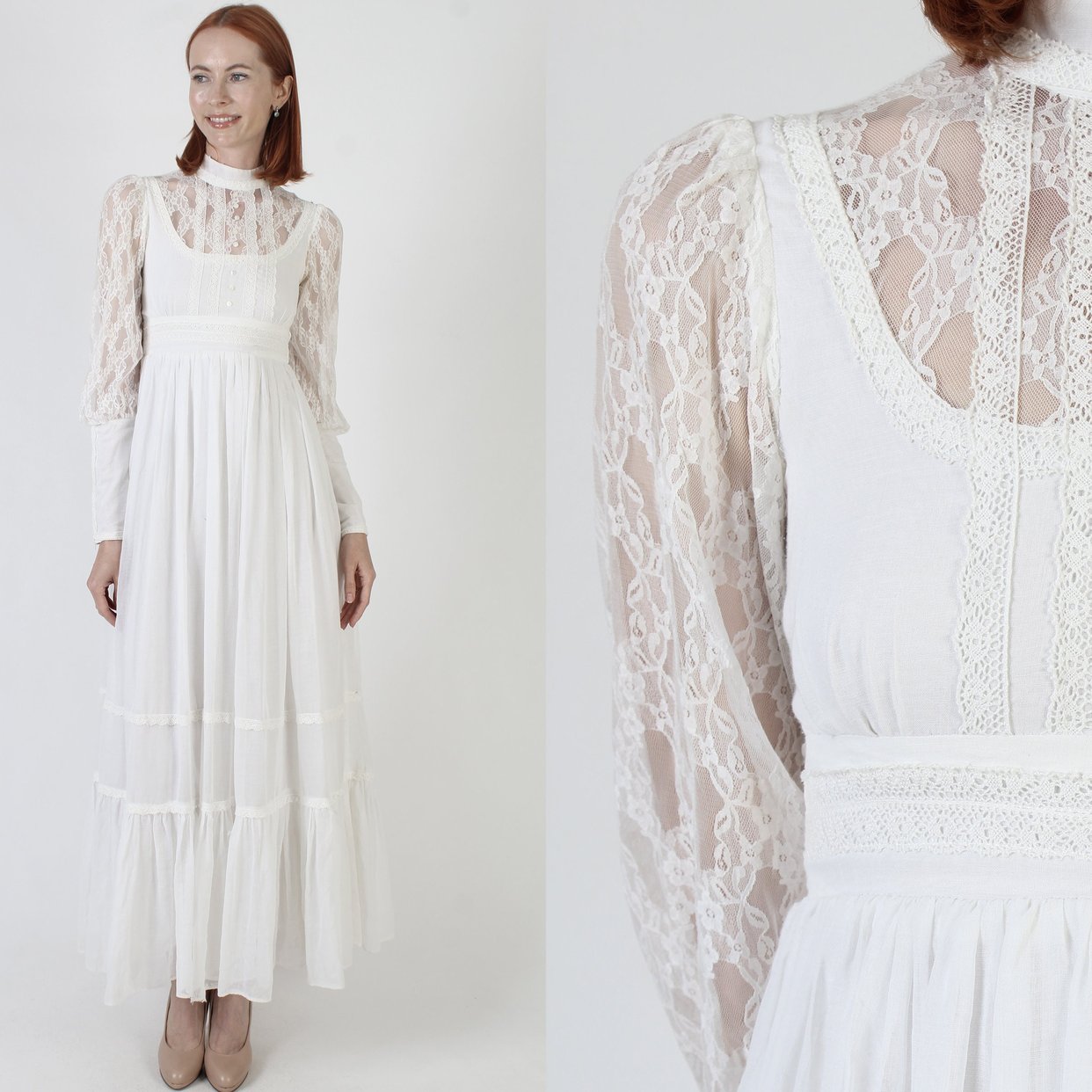 Gunne Sax Bridal Lace Sleeve Maxi Dress / 70s | American Archive - San ...
