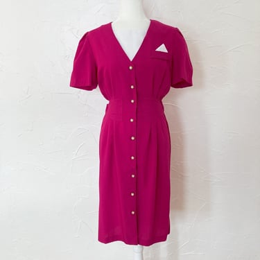 80s Magenta and White Pearl Button Down Dress | Small 