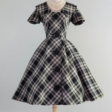 Fantastic 1950's Estevez Black & White Plaid Dress With Huge Buttons / Small