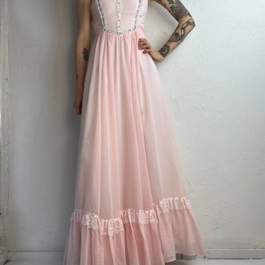 70s ‘Gunne Sax’ Baby Pink White Lace Peasant Dress / X-Small 