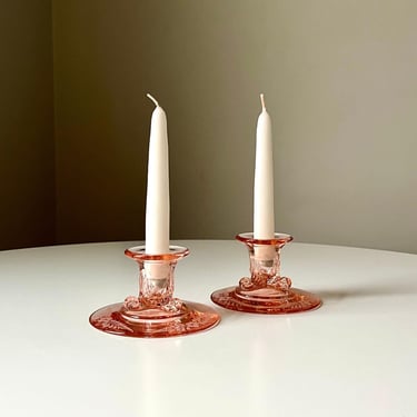 Vintage Pink Colored Glass Candle Holders with a Delicate Floral Pattern 