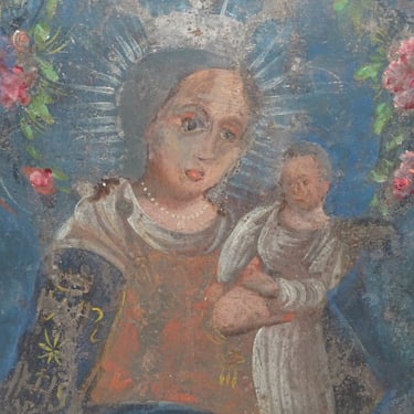 1800's Saint Mary and the Christ Child Mexican Retablo, Antique Madonna, Mother of Jesus, Vintage Original Painting on Tin 