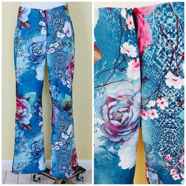 Y2K Sateen Low Rise Floral Flared Pants / Vintage Flower Print Blue Animal Print Trousers / Waist: 30-32
