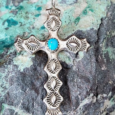 Vintage Sand Cast Sterling Cross~Blue Turquoise & Sterling 925 Cross Pendant 