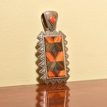 Beautiful Mosaic Inlay Sterling Silver Pendant, Relios By Carolyn Pollack, Southwestern Jewelry, 2.5