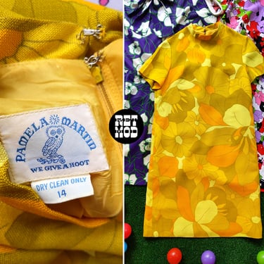 BEAUTIFUL Vintage 60s 70s Yellow Flower Power Linen Shift Dress by Pamela Martin 