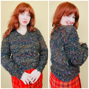 1990s Vintage Grunge Blue Poodle Curly Sweater / 90s Cotton / Acrylic Multi Collar Knit Jumper / Size Large 