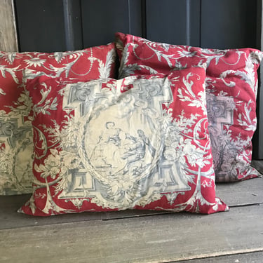 French Floral Toile Pillows, Cushions, Set of 3, Textile Collectors, Chateau Decor, 1 has Damages 
