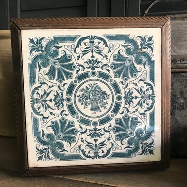 Antique French Blue Tile Trivet, Floral, Scroll Design, Wood Frame, Rustic French Farmhouse Cuisine, Farm Table 