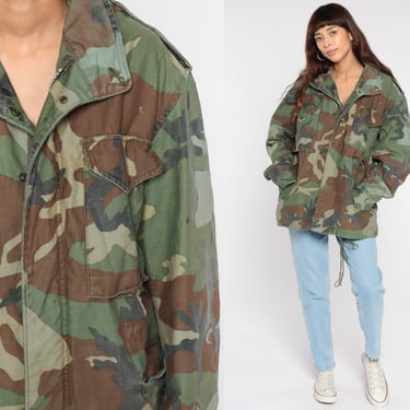 Camouflage Army Jacket CAMO Military Jacket Distressed Olive Drab Green Grunge 90s Commando Cargo Oversized 1990s Vintage Medium Short 