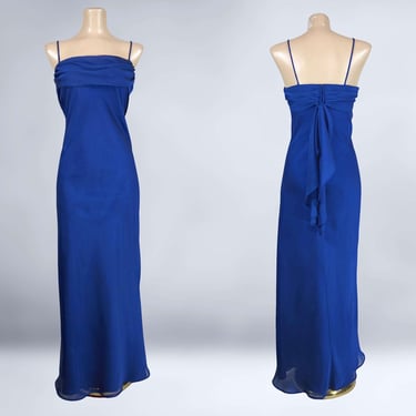 VINTAGE 90s Cowl Neck Sheer Bias Cut Slip Dress by Molly Malloy Size 10 | 1990s Blue Slinky Cocktail Prom Formal Dress | VFG 