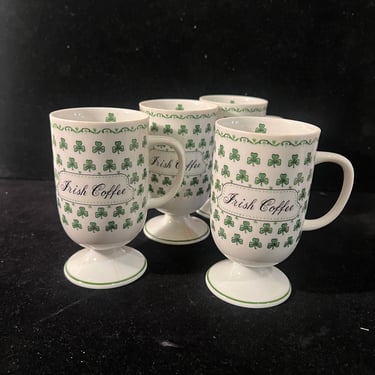 Classic set of 4 Irish Coffee Footed Porcelain Mugs Shamrocks 1970's