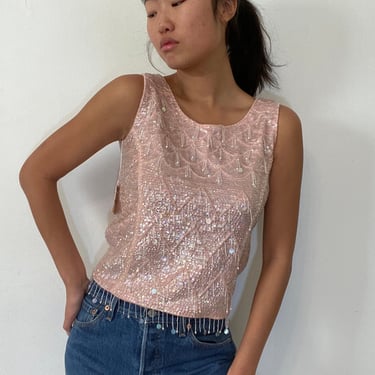 50s deadstock beaded embellished sweater / vintage blush pink beaded sequins wool knit cropped sleeveless sweater tank NWT | XS S 