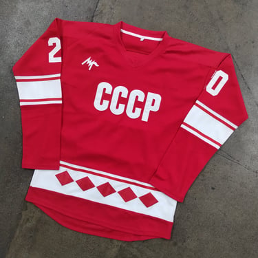 L 80s CCCP Russian Red Nylon Hockey Jersey Vintage 1970s 1980s Large Communist Russia Punk Baggy Oversized Opium 