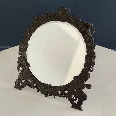 Antique Victorian Metal Vanity or Wall Mirror with Cherub Details, c.1920’s 