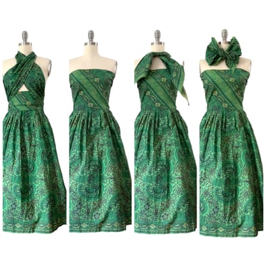 50s Convertible Green Print Dress / 1950s Vintage Novelty Cotton Sun Dress / Medium / Size 10 