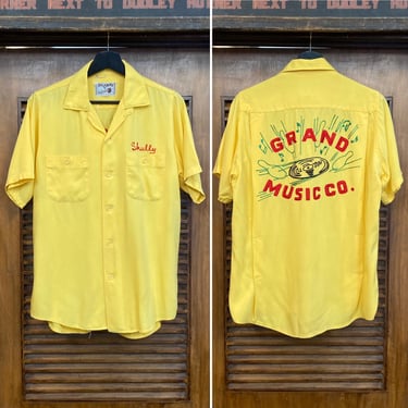 Vintage 1950’s King Louie “Grand Music Co.” Record x Music Notes Rayon Bowling Original Embroidered Rockabilly Shirt, 50’s Vintage Clothing 