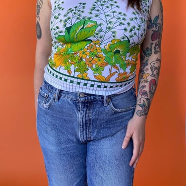 1970s Sleeveless Green and Orange Floral Print Top sz. M
