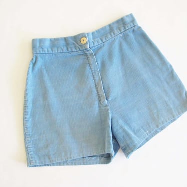 70s Blue Corduroy Shorts Small 26 Waist - Vintage 1970s High Waist Baby Blue Womens Cord Shorts - Bohemian Hippie Shorts 
