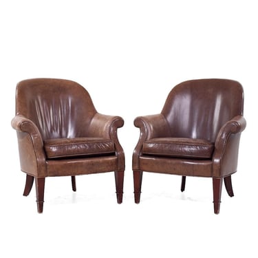 Baker Furniture Brown Leather Barrel Club Lounge Chairs 