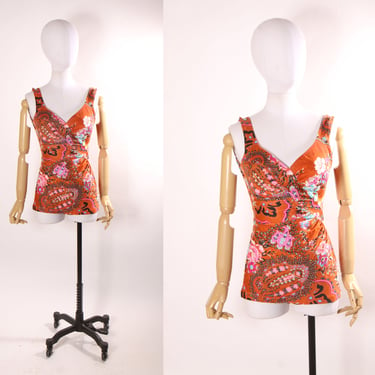1970s Rust Brown and Pink Multi-Colored Floral One Piecd Swimsuit by Sirena -S 