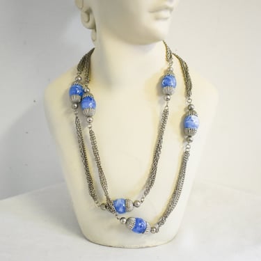 Vintage Silver Metal Chain and Blue Plastic Bead Long Necklace 