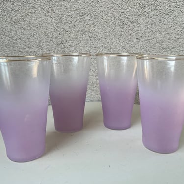 Vintage MCM Blendo Tall frosted Tumbler Glasses Set 4 Pastel lilac Gold Rim West Virginia Glass 