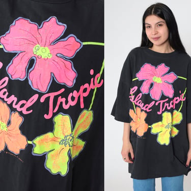 Tropical Floral T Shirt 90s Island Tropic Shirt Black Neon Floral Tee Turtle Bay Hawaii TShirt Dress 1990s Single Stitch Vintage 2xl xxl 