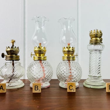 Pick one! Vintage Small Glass Oil Lamps; Ribbon and Dot, Hobnail or Pillar, Kerosene lamp, Hurricane Lamp, farmhouse decor, boho decor, gift 