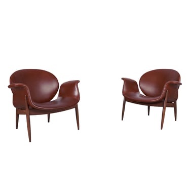 Vintage Leather and Walnut "Swan" Lounge Chairs by Arthur Umanoff