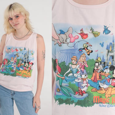 90s Disney Tank Top Walt Disney World Magic Kingdom Shirt Cinderella Little Mermaid Mickey Mouse Tinkerbell Princess Vintage Pink Medium 
