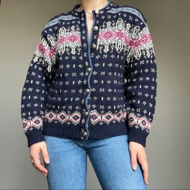 Vintage 90s LL Bean Blue Pink Fair Isle Norwegian Wool Cardigan Sweater Sz M 