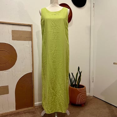 Vintage 90s Lime Green Linen Embroidered Sleeveless Maxi Summer Dress Large 