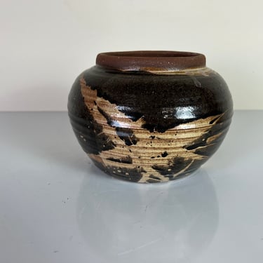 Mid-Century Organic Brown Glaze Pottery Vase, Signed 