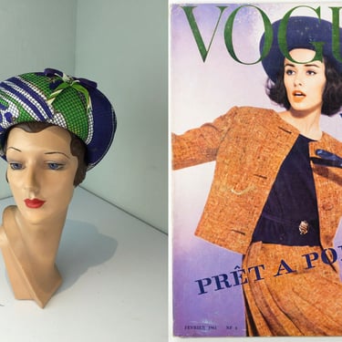 Paris Tours Were Exhausting - Vintage 1960s Evelyn Varon Green & Blue Fabric Netted Breton Hat 