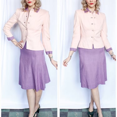 1940s Two Tone Pink & Lavender Linen Suit - Xsmall 