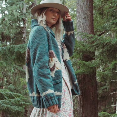1950's Rams Head Cowichan Sweater, Blue Green Chunky | Surf and